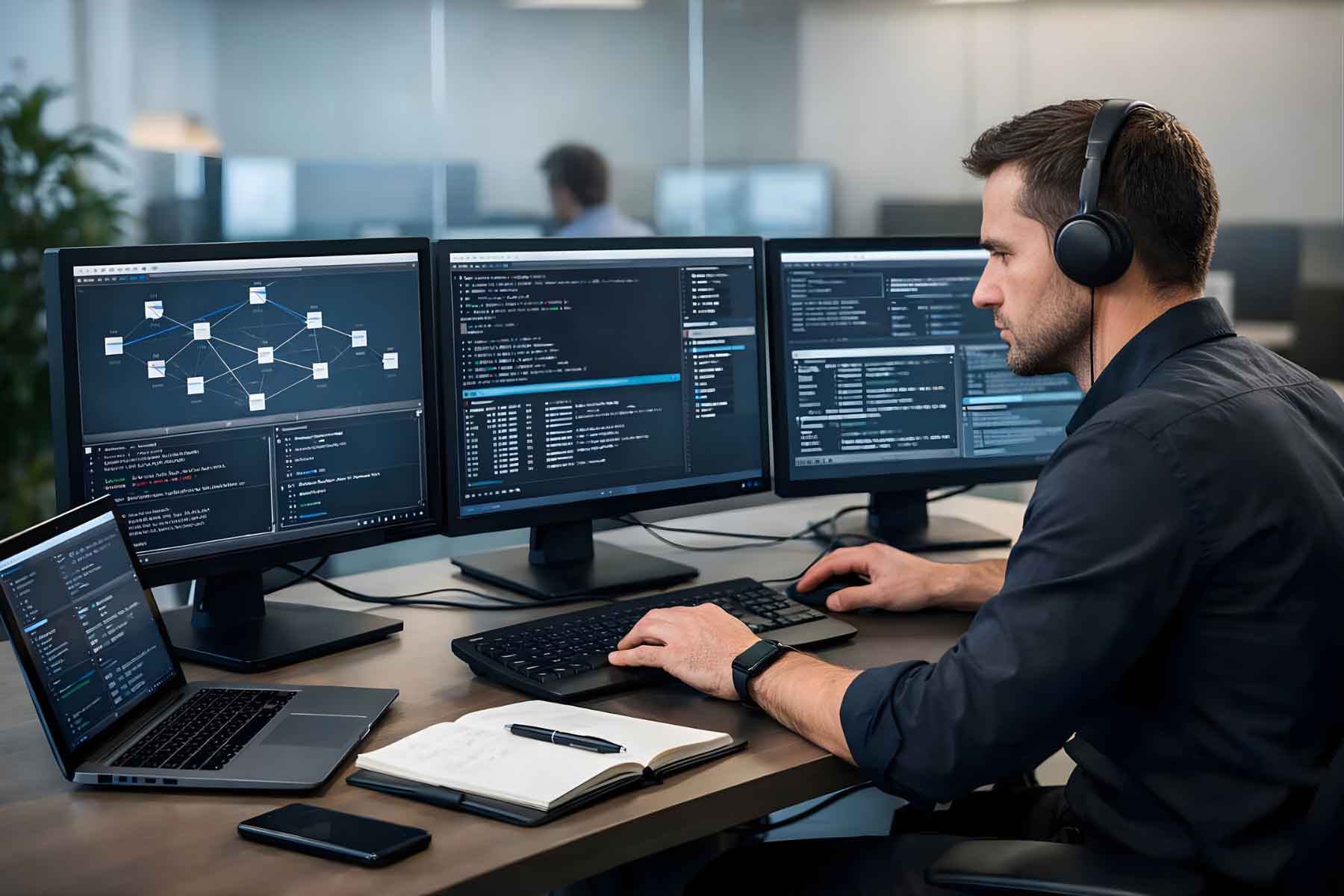 A cybersecurity professional performing a live penetration testing in an office